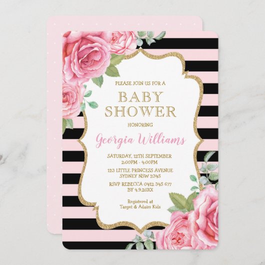roze rozen Baby shower Parijs Stripes Kaart (Voorkant / Achterkant)