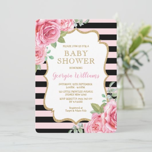 roze rozen Baby shower Parijs Stripes Kaart (Staand voorkant)