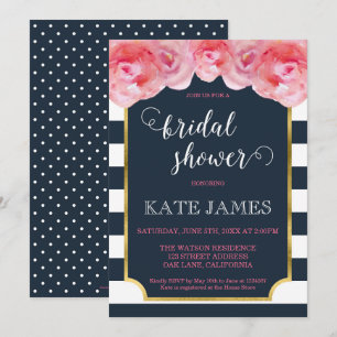 Roze rozen Blauwe Stripes Bridal Shower Kaart