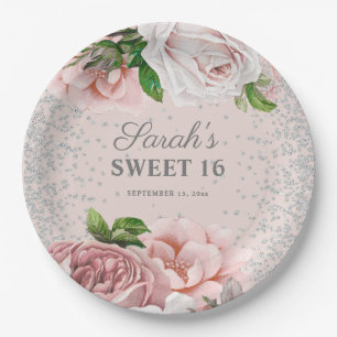 Roze Rozen Bloem Zilver Glitter Sweet 16   Papieren Bordje