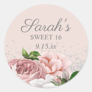 Roze Rozen Bloem Zilver Glitter Sweet 16 Ronde Sticker