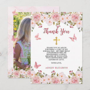Roze rozen Bloemen en vlinders Eerste Communie Bedankkaart