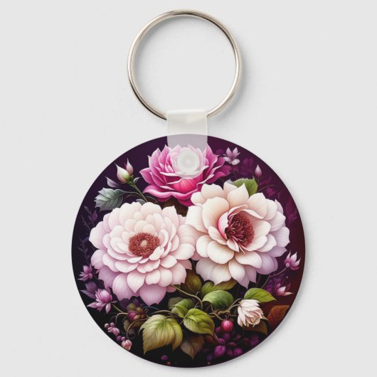 Roze Rozen Bloemen gepersonaliseerd Sleutelhanger (Voorkant)