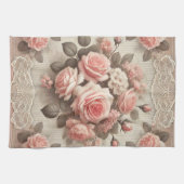  Roze Rozen Bloemen met Kant Border Theedoek (Horizontaal)