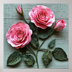 Roze rozen bloemen Romantisch bloemschilderij aan  Poster