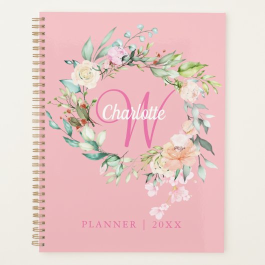 Roze rozen bloemenscript monogram 2023 planner (Voorkant)