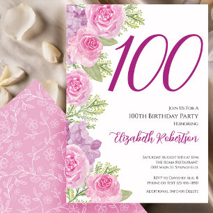 Roze rozen bloemensjabloon 100ste verjaardag kaart