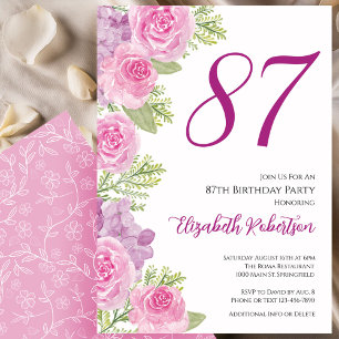 Roze rozen bloemensjabloon 87ste verjaardag kaart
