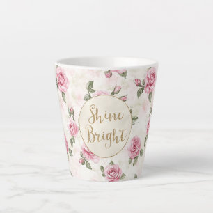 Roze rozen bloemig goud glitters glanzen helder latte mok