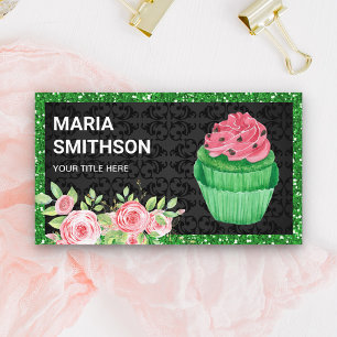 Roze Rozen Bloemige Groene Fluwelen Cupcake Bakker Visitekaartje