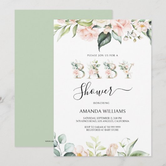 Roze Rozen Bloemige Letters Baby Shower Uitnodigin Kaart (Voorkant / Achterkant)