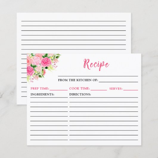 Roze Rozen Bloemige Receptkaart (Voorkant / Achterkant)
