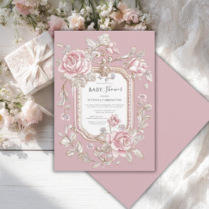 Roze Rozen Bloemige Vintage Baby Borrel Kaart