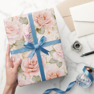 Roze Rozen Bloemrijke Bruidsdouche in Crème Kleur Cadeaupapier