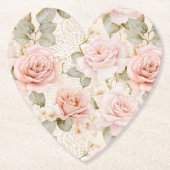 Roze Rozen Bloemrijke Bruidsdouche in Crème Kleur Kartonnen Onderzetters (Voorkant)