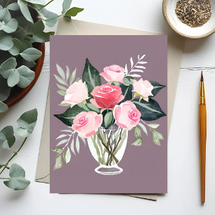 Roze Rozen Boeket Bloemige Vrouwelijke Waterverf Briefkaart