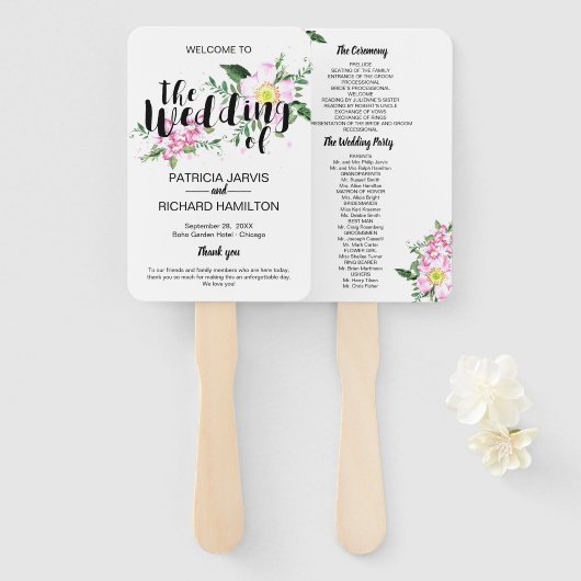 Roze Rozen Boho Bloemen Waterverf Trouwprogramma Handwaaier (Voorkant en achterkant)