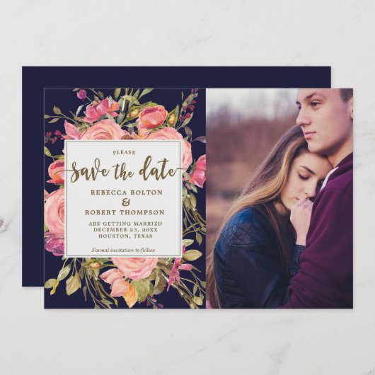 Roze Rozen Boho Navy Save the Date Fotokaart Kaart (Voorkant / Achterkant)