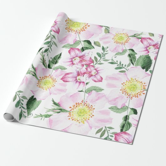 Roze Rozen Boho Waterverf Bloemenpatroon Cadeaupapier (Uitgerold)