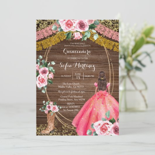 Roze rozen & Boots Charra Quinceanera 2 Kaart (Staand voorkant)