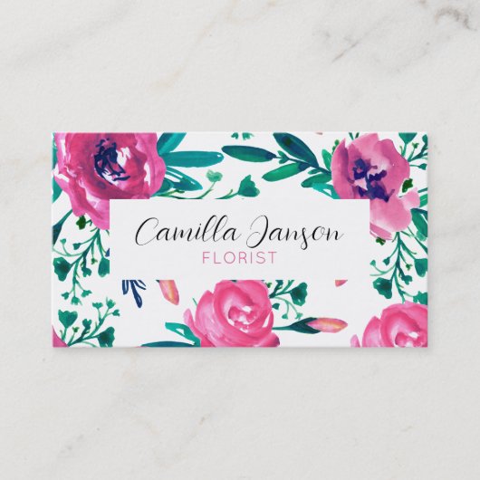 Roze rozen boven visitekaartje (Voorkant)