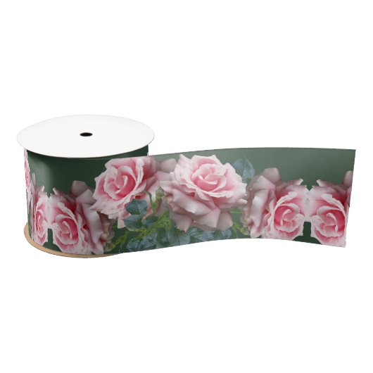 Roze rozen brede bruiloft donkergroene lint (Spoel)