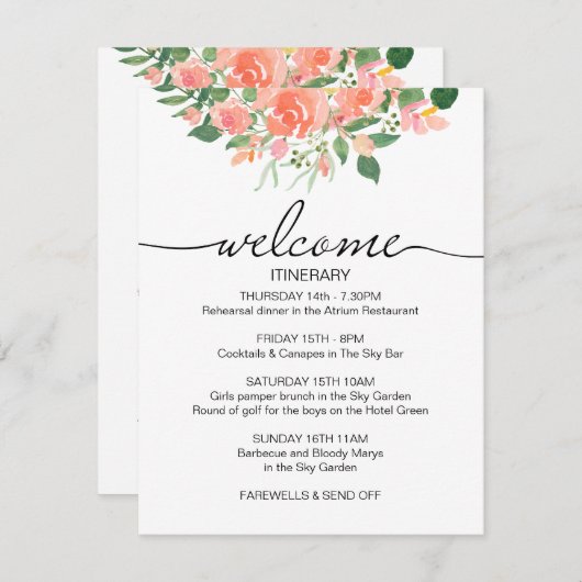 Roze Rozen Bruiloft Weekend Route Welkom Informatiekaartje (Voorkant / Achterkant)