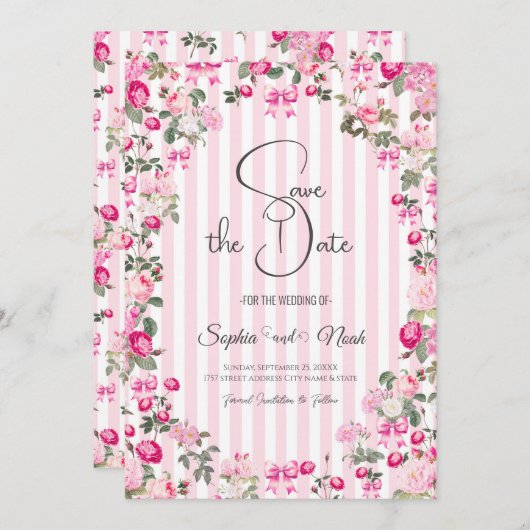 Roze Rozen Coquette Bow Stripes Kaart (Voorkant / Achterkant)