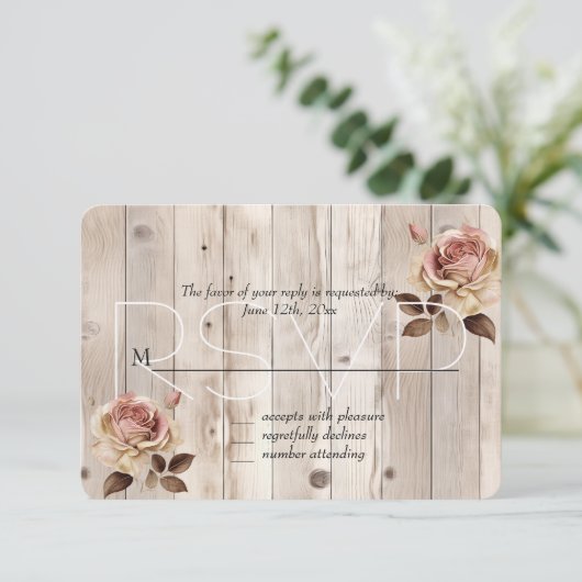 Roze Rozen Crème Wit Hout Wedding RSVP (Staand voorkant)