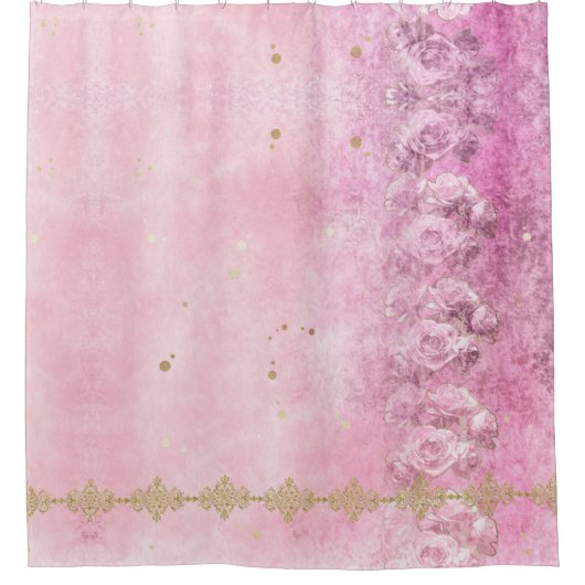 Roze Rozen Damask Grunge - Douchegordijn (Voorkant)