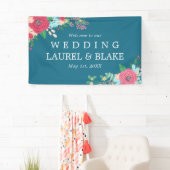 Roze rozen | Deep Blue Welkom op onze bruiloft Spandoek (Insitu)