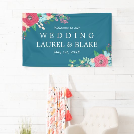 Roze rozen | Deep Blue Welkom op onze bruiloft Spandoek (Insitu)