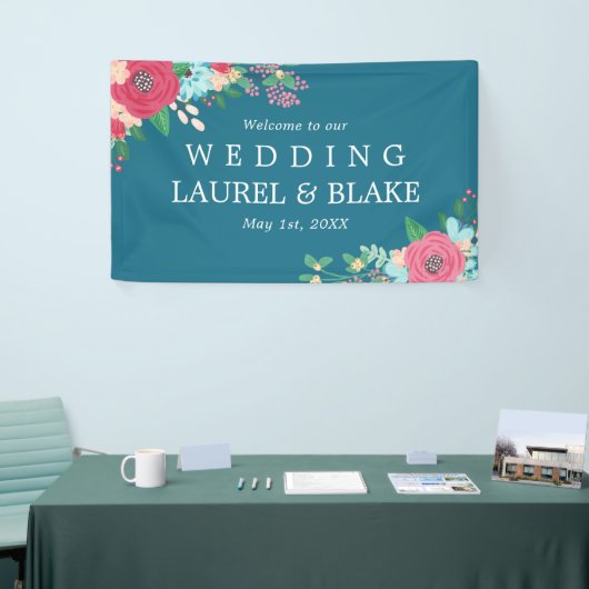 Roze rozen | Deep Blue Welkom op onze bruiloft Spandoek (Beurs)