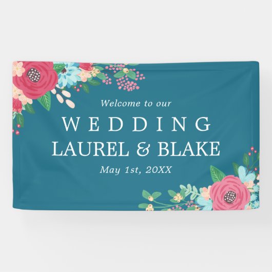 Roze rozen | Deep Blue Welkom op onze bruiloft Spandoek (Horizontaal)
