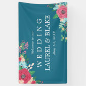 Roze rozen | Deep Blue Welkom op onze bruiloft Spandoek (Verticaal)