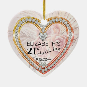 Roze rozen  Diamonds 21ste verjaardag Keepslag Orn Keramisch Ornament