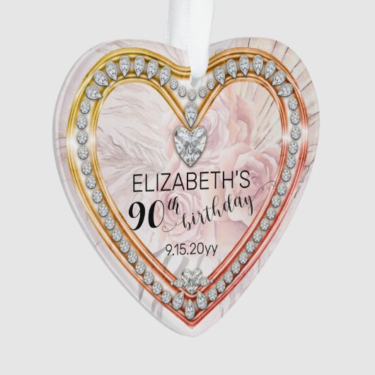 Roze rozen |Diamonds 90th Birthday Keepomwille Ornament (voorkant)