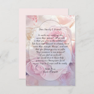 Roze rozen die de bruiloft goed met woorden uitsch kaart