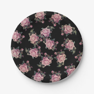 Roze rozen donker bloempatroon shabby chic feestje papieren bordje