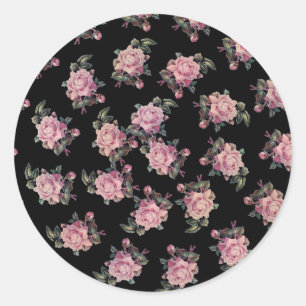 Roze rozen donker bloempatroon shabby chic feestje ronde sticker