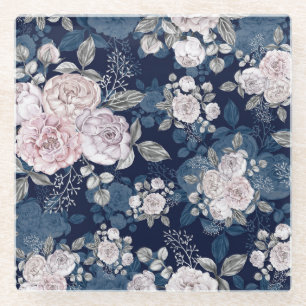 Roze Rozen Donkerblauw: Glazen Onderzetter