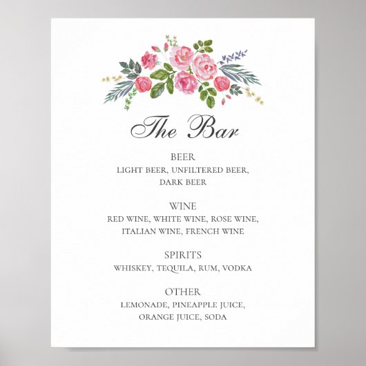 Roze rozen. Drink van Floral tuinbruiloft menu Poster (Voorkant)