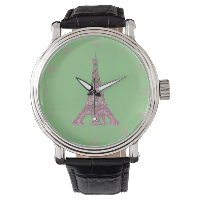 Roze rozen Eiffel Tower Topiary Clock Horloge (Voorkant)