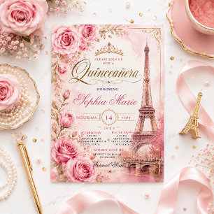 Roze Rozen Eiffeltoren Quinceañera Oud Stijl Kaart