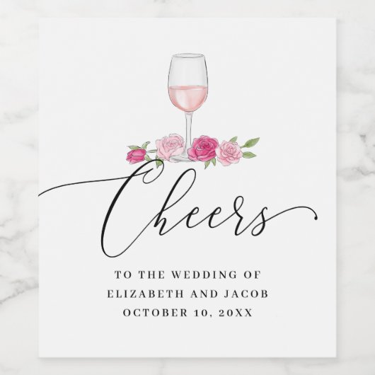 Roze rozen. Elegante blos bloemenscript bruiloft Wijn Etiket (Enkel label)