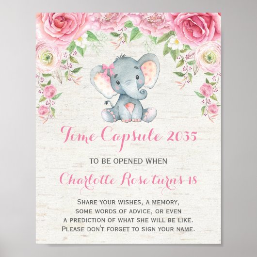 Roze rozen Elephant Time Capsule 1st Birthday Sign Poster (Voorkant)