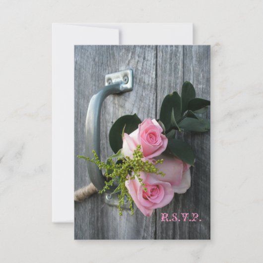 Roze rozen en Barnwood Wedding RSVP (Voorkant)
