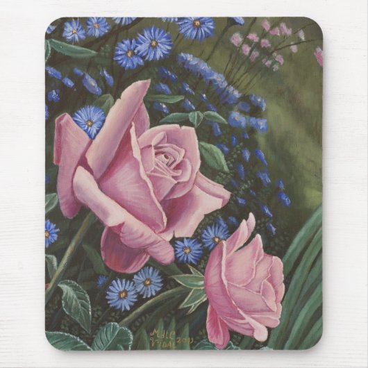 Roze rozen en blauwe bloemen Mousepad Muismat (Voorkant)