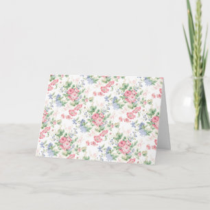 Roze rozen en blauwe bloemen op wit kaart