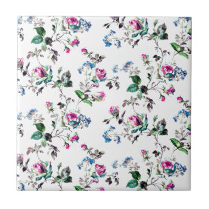 Roze rozen en blauwe bloemen tegeltje